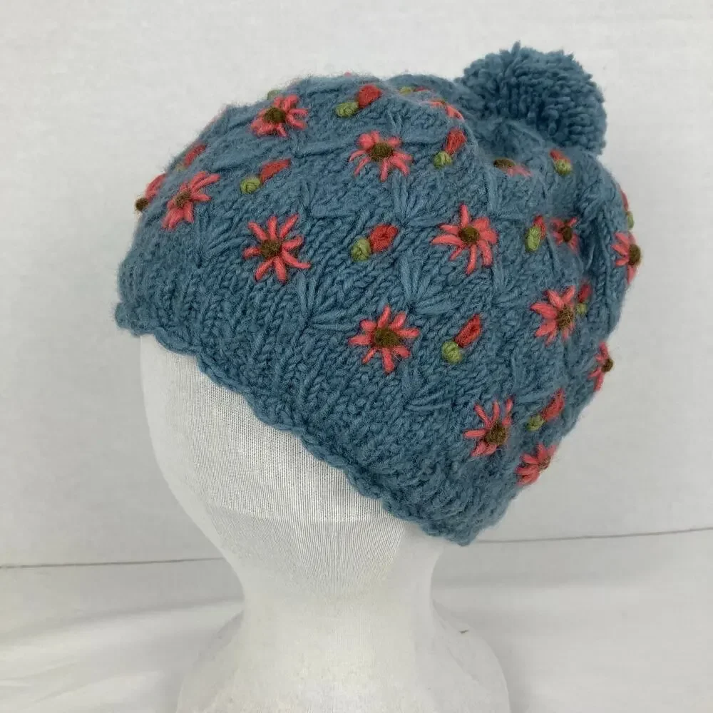 NWT Lost Horizons Anaya Wool Beanie Womens Blue Floral Embroidery Pom Nepal